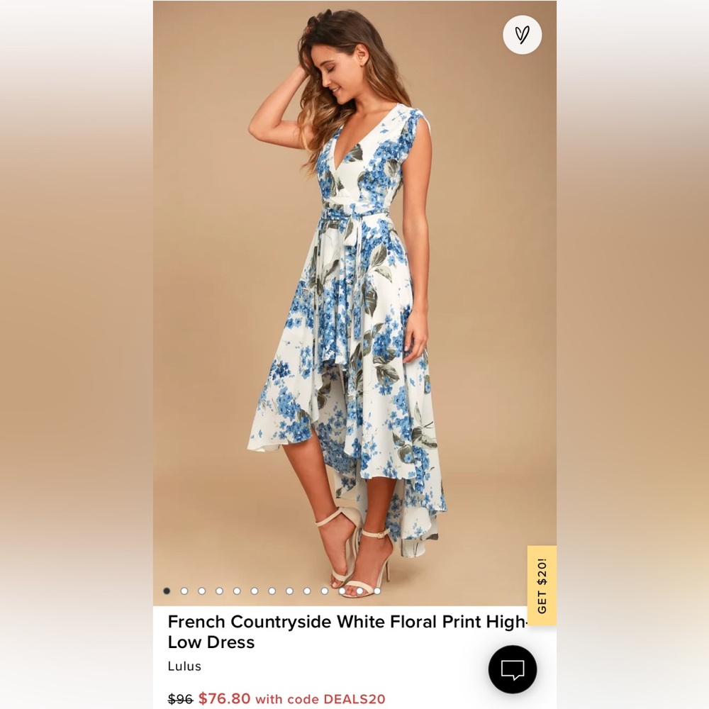 French Countryside White Floral Print High Low Dress